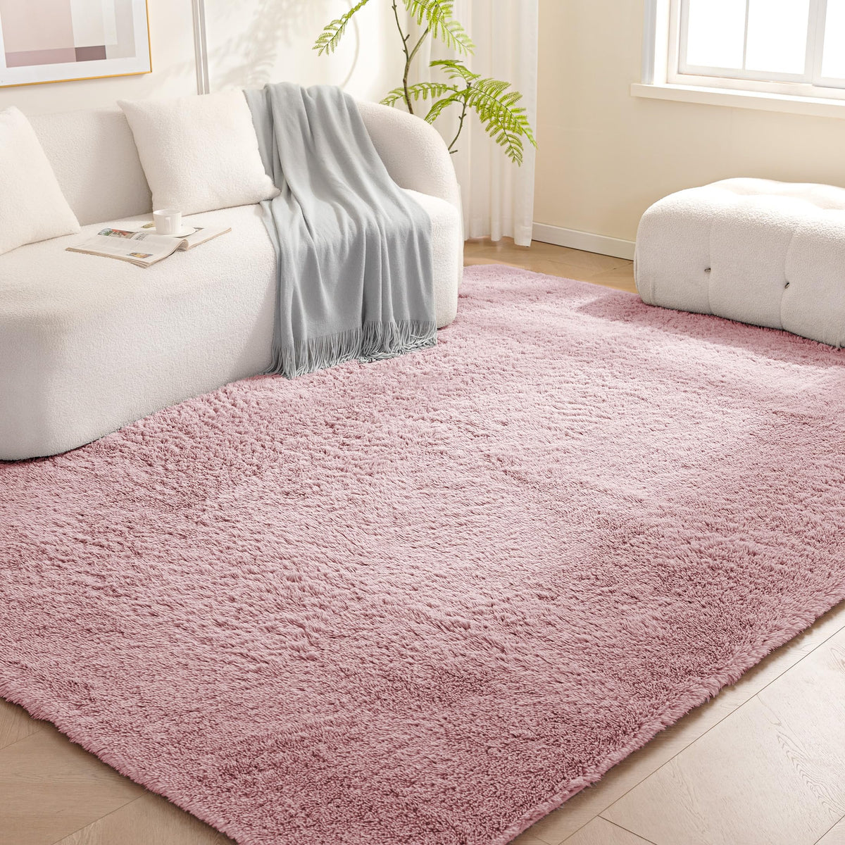 Amazon Basics fluffy rug pink 4x6 in a cozy living room scene.