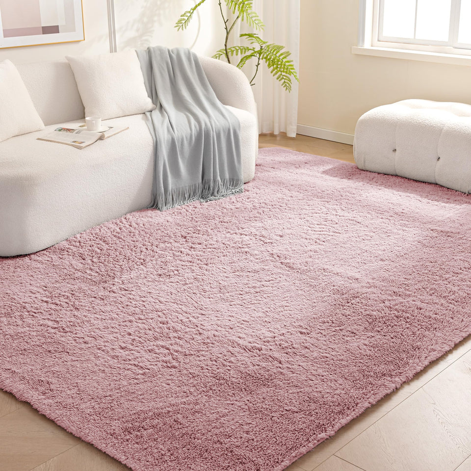 Amazon Basics fluffy rug pink 4x6 in a cozy living room scene.