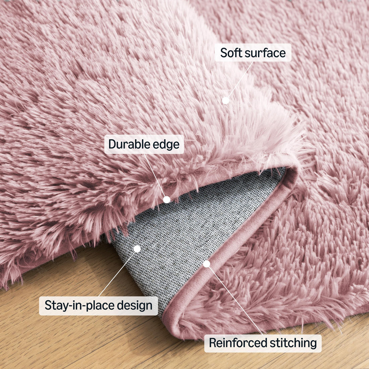 Pink fluffy rug in a modern living room setup for warmth and style.