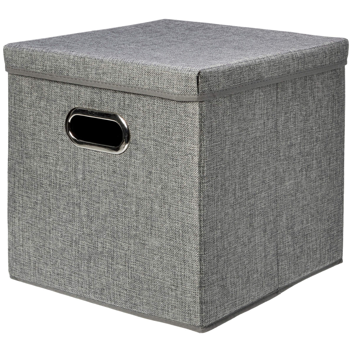 Amazon Basics burlap cube bin in gray provides sturdy, collapsible storage for closets and shelves