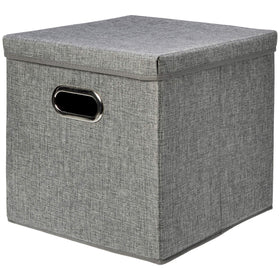 Amazon Basics burlap cube bin in gray provides sturdy, collapsible storage for closets and shelves