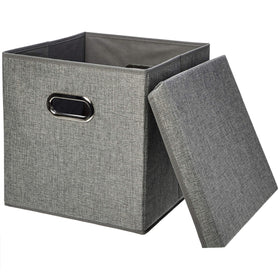 Amazon Basics foldable burlap cube bin with lid on a shelf, neatly organizing items