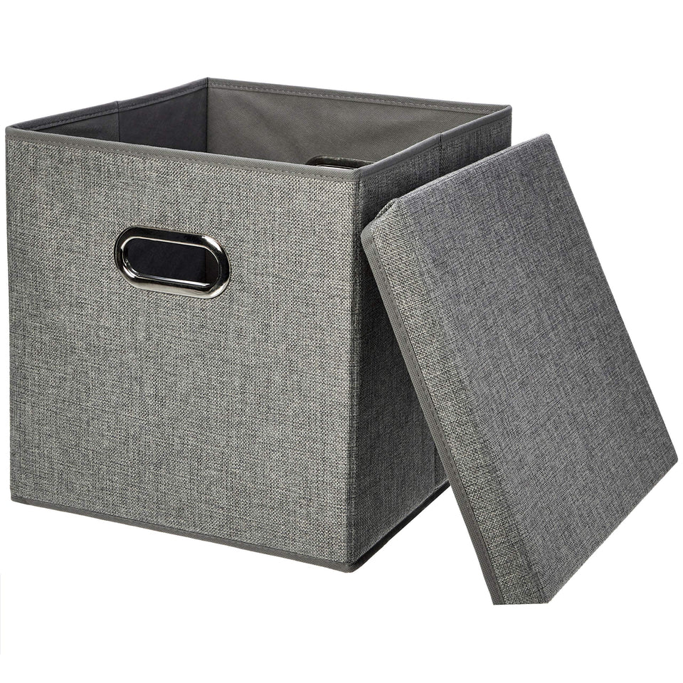 Amazon Basics foldable burlap cube bin with lid on a shelf, neatly organizing items