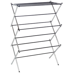 Amazon Basics foldable laundry rack closed for space saving storage.