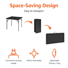 Amazon Basics table half-folded to show space-saving storage.