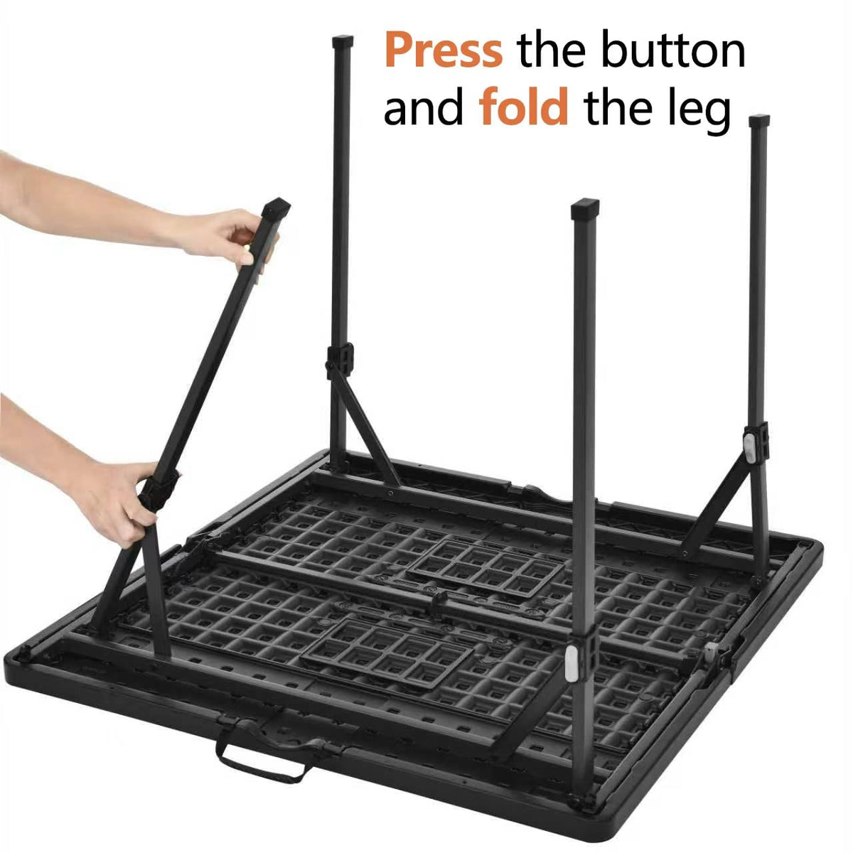Amazon Basics table with manual locking system for stable use.
