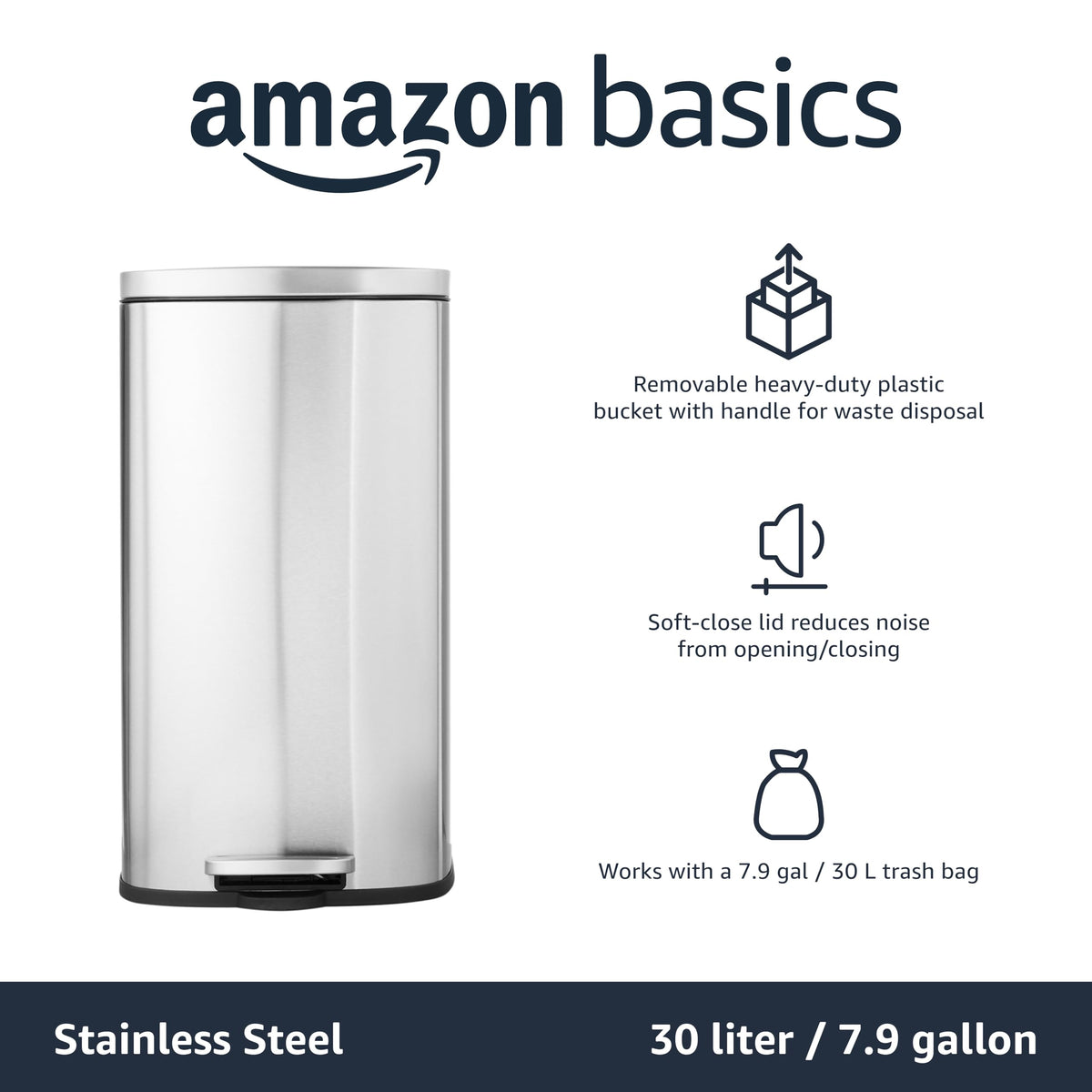 Foot pedal mechanism on Amazon Basics trash can enables hands-free operation.