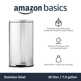 Foot pedal mechanism on Amazon Basics trash can enables hands-free operation.