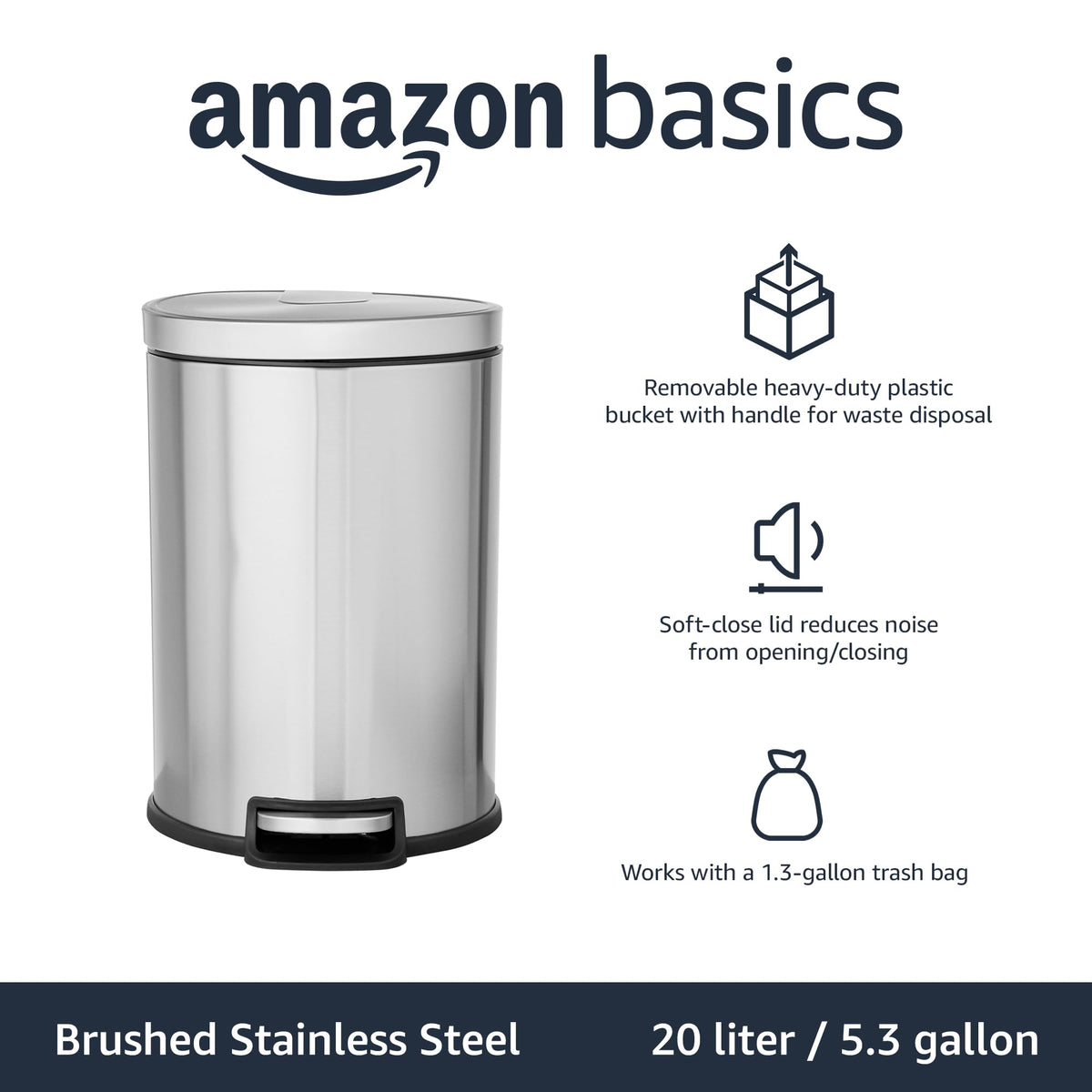 Amazon Basics 5.3 gallon trash can with foot pedal for hands-free use.