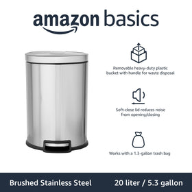 Amazon Basics 5.3 gallon trash can with foot pedal for hands-free use.