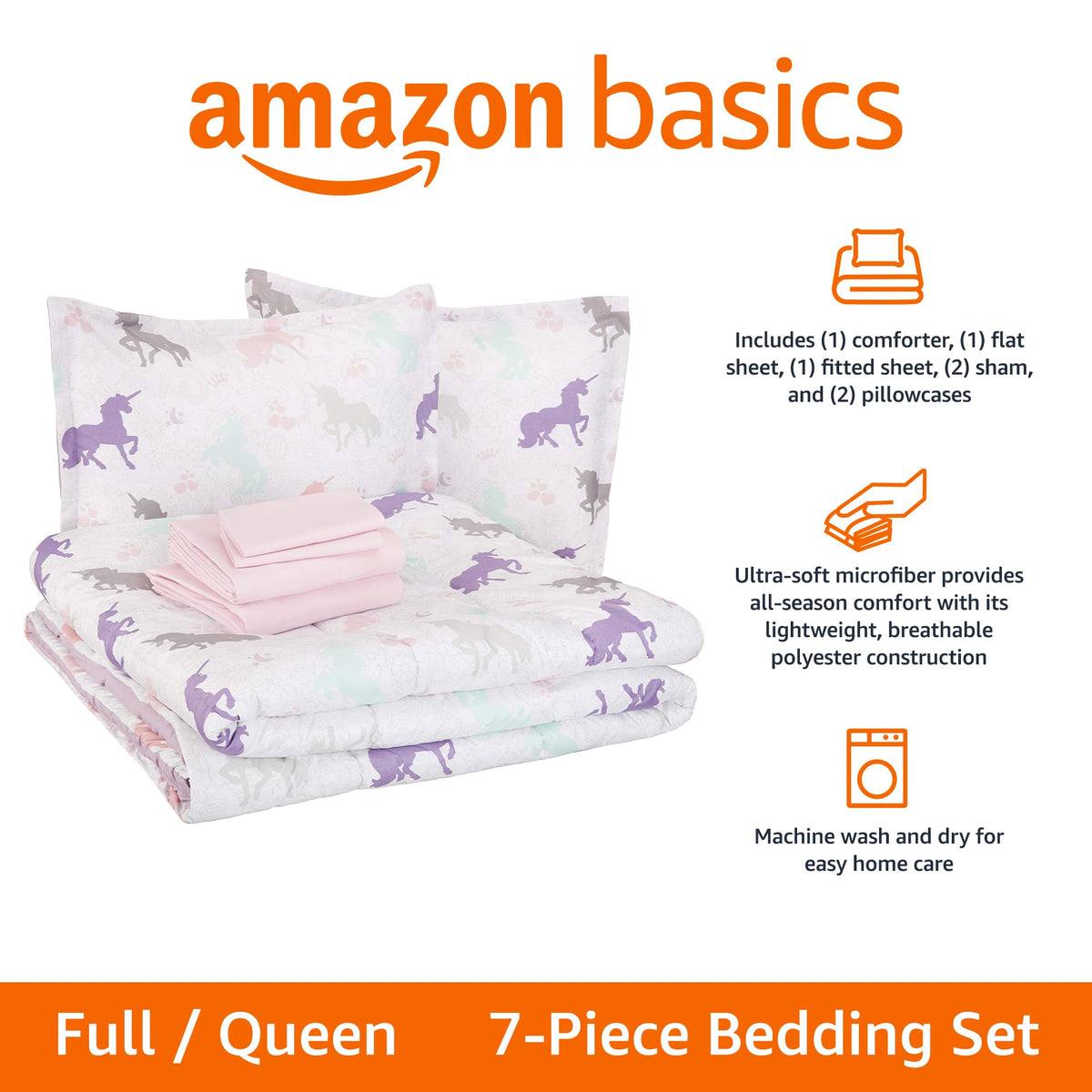 Amazon Basics full/queen unicorns layout demonstrates coordinated bedding options for kid rooms