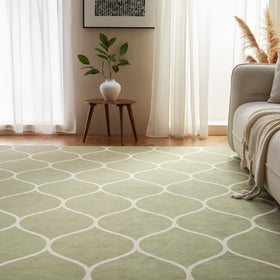 Amazon Basics thin indoor area rug closeup highlights plush texture and geometric design.