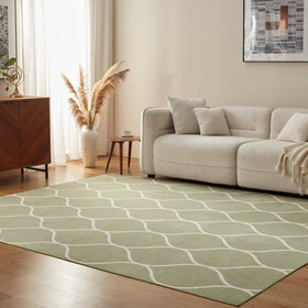 Amazon Basics thin indoor area rug full view reveals a versatile green geometric pattern for living spaces.