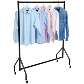 Wheeled garment rack demonstrating easy mobility for spaces.