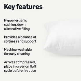Amazon Basics long body pillow reveals hypoallergenic fiberfill for comfort.