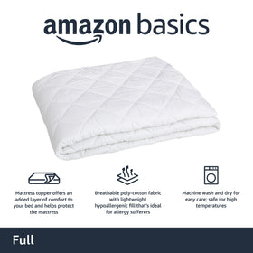 Amazon Basics hypoallergenic quilted topper full 18-deep fitted cover demonstrates secure edge fit