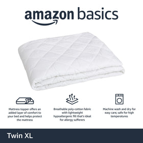 Amazon Basics Twin XL setup with mattress topper for enhanced comfort and protection.
