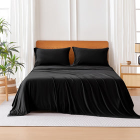 Amazon Basics jersey knit queen fitted sheet in black with 16-inch deep pockets for secure fit.