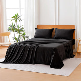 Amazon Basics jersey knit queen flat sheet in black for soft year-round comfort.