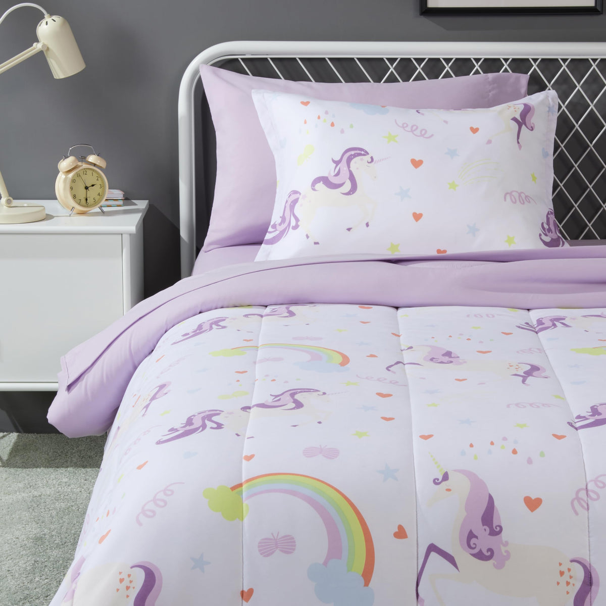Amazon Basics unicorn comforter on a twin bed, soft warmth for kids