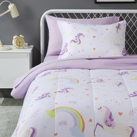 Amazon Basics unicorn comforter on a twin bed, soft warmth for kids