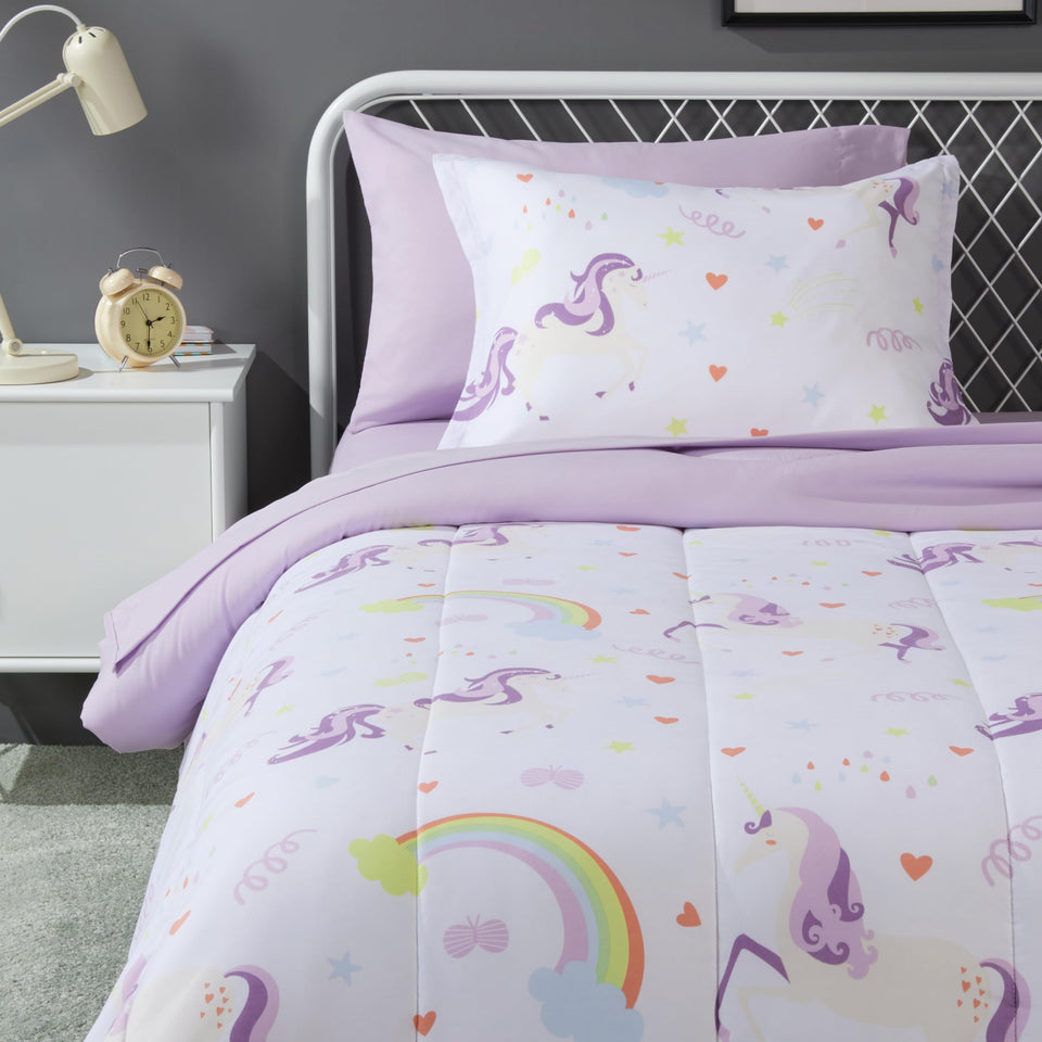 Amazon Basics unicorn comforter on a twin bed, soft warmth for kids