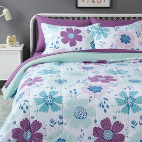 Amazon Basics kids comforter set in blue flowers for cozy nights.