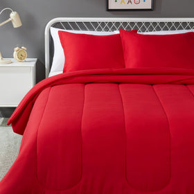 Amazon Basics kids comforter full/queen in red, soft microfiber for cozy all-season use.