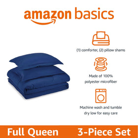 Amazon Basics kids comforter set on bed in navy demonstrates versatile styling