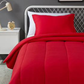 Amazon Basics kids comforter twin red showing soft microfiber for year-round warmth.