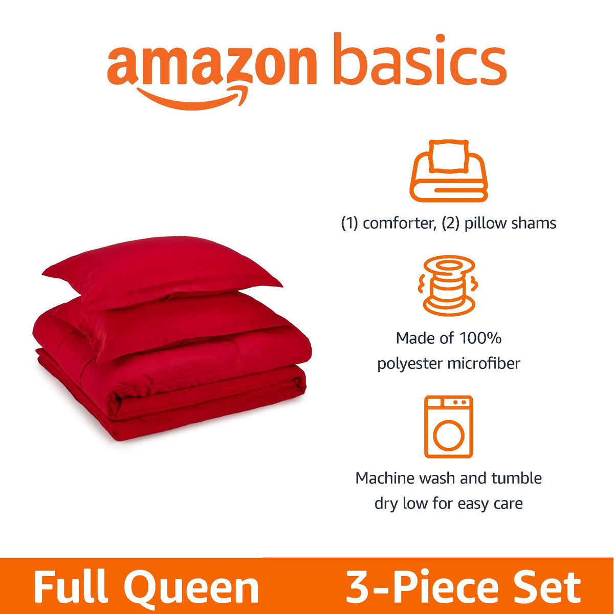 Amazon Basics kids pillow shams full/queen in red, easy-care and color-matched with the set.