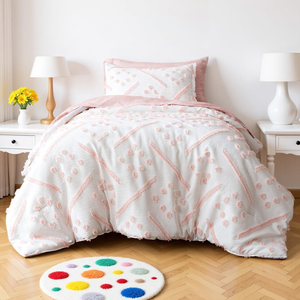 Amazon Basics kids pink bedding set twin comforter with soft jacquard texture, ideal for cozy nights