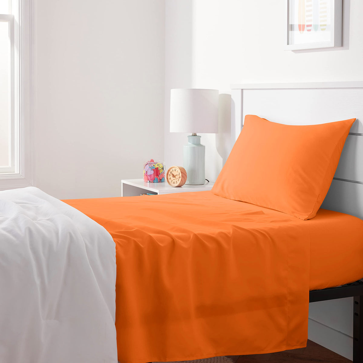 Amazon Basics kid's twin sheet set flat sheet in bright orange, soft microfiber for year-round comfort