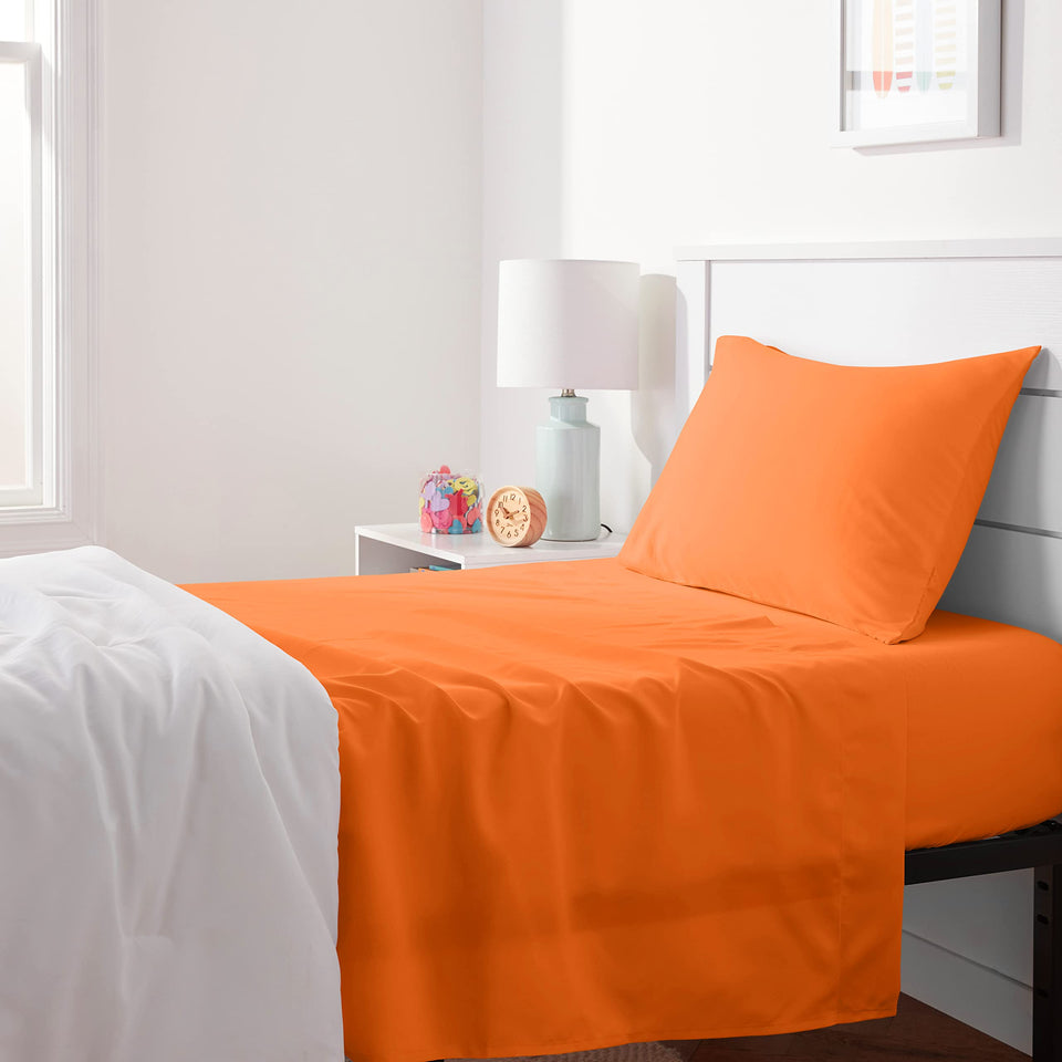 Amazon Basics kid's twin sheet set flat sheet in bright orange, soft microfiber for year-round comfort