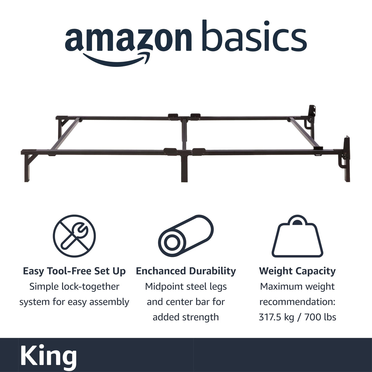 Amazon Basics king bed frame center bar enhances stability for heavy sleepers