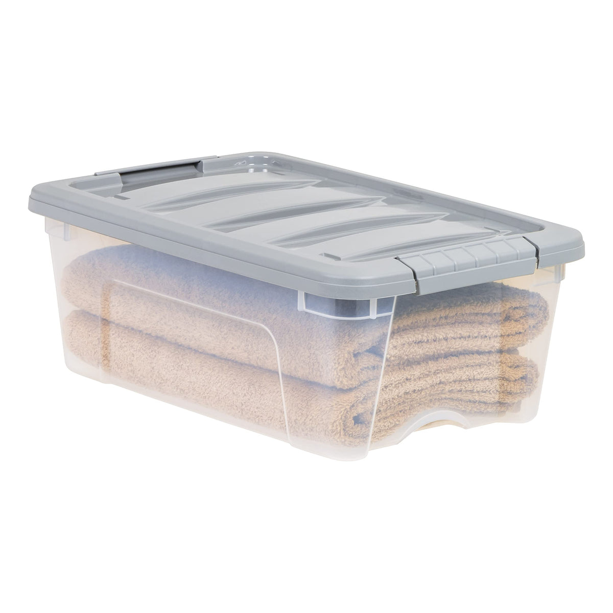 Amazon Basics 16.5 x 11 x 6.8 inch bin ideal for desktop or shelf storage.