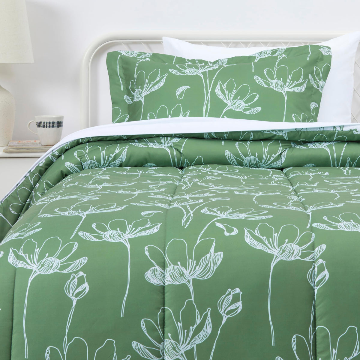 Amazon Basics lightweight microfiber comforter in green floral pattern for all-season comfort