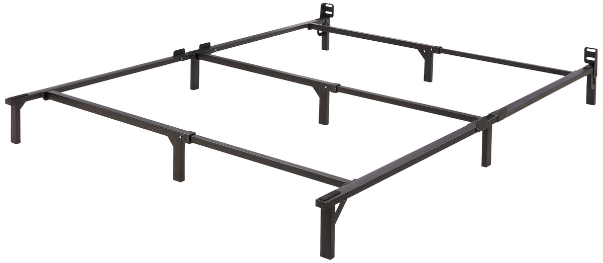 Amazon Basics metal bed frame with 9 legs provides stable queen-size support.