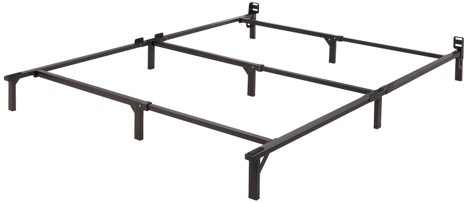 Amazon Basics metal bed frame with 9 legs provides stable queen-size support.