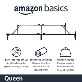 Amazon Basics queen bed frame shows center bar stability and tool-free setup.