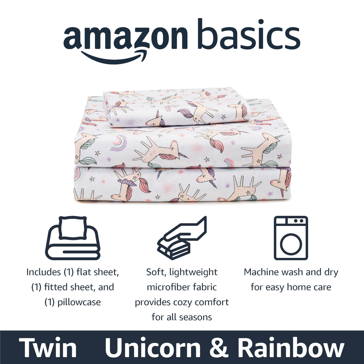 Amazon Basics twin rainbow pattern close-up highlights soft, durable microfiber feel.