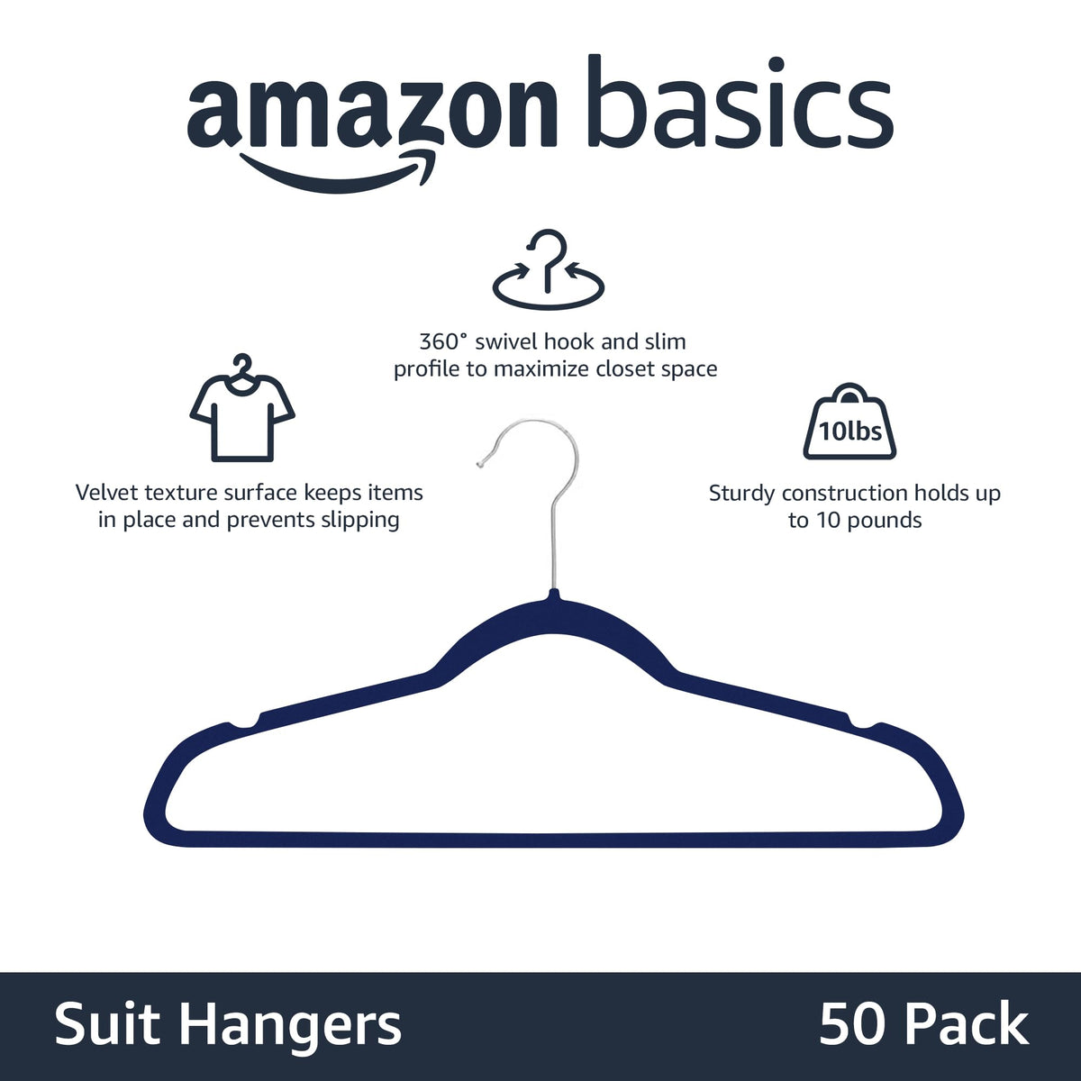 Amazon Basics navy blue and silver hangers prevent slipping and shifting.