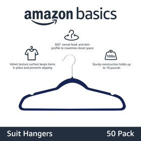 Amazon Basics navy blue and silver hangers prevent slipping and shifting.