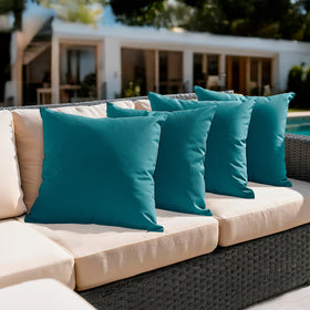 Amazon Basics teal outdoor pillow cover in front view for patio decor