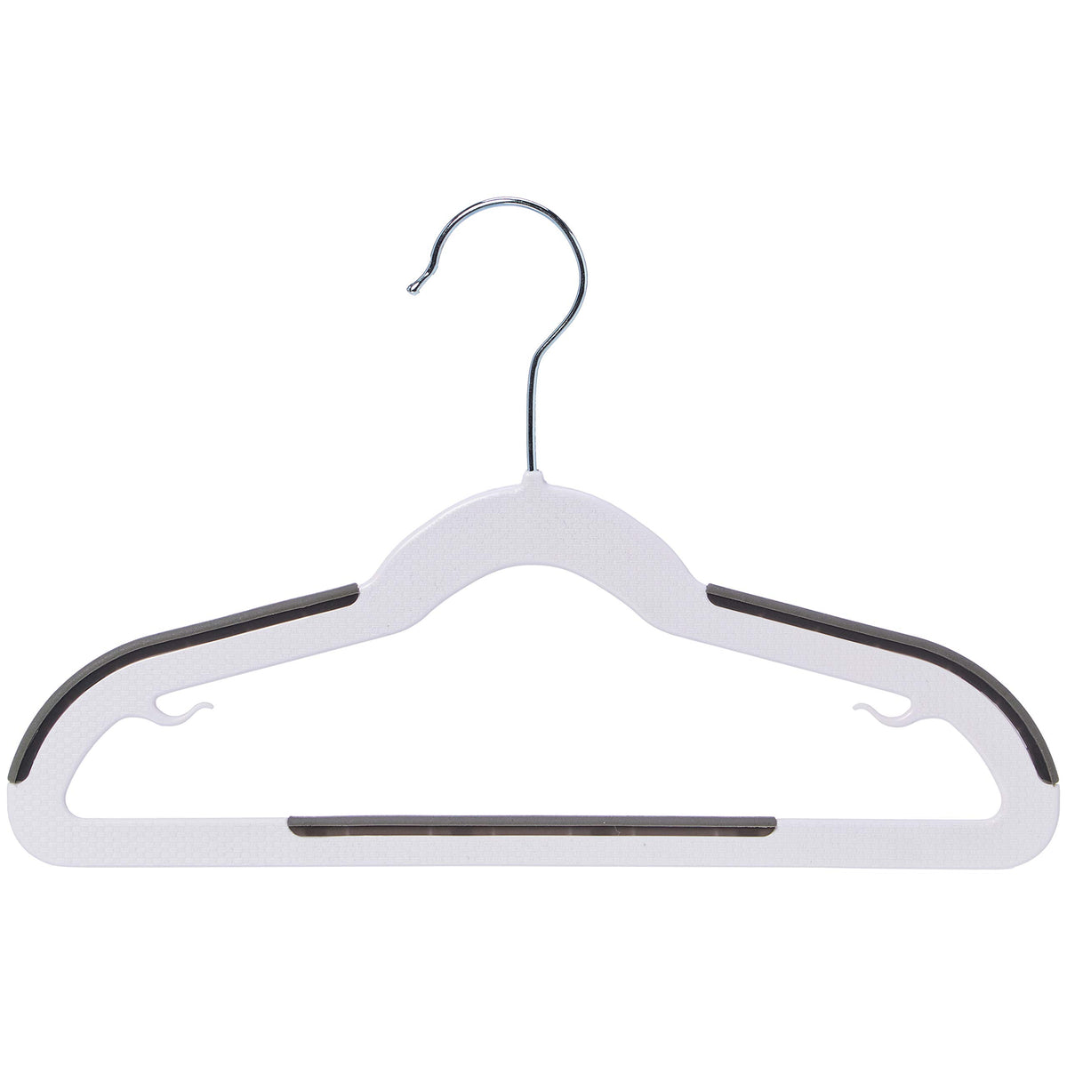 Amazon Basics plastic kids hangers in white and black for organized closets.