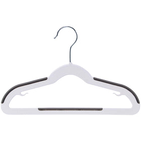 Amazon Basics plastic kids hangers in white and black for organized closets.