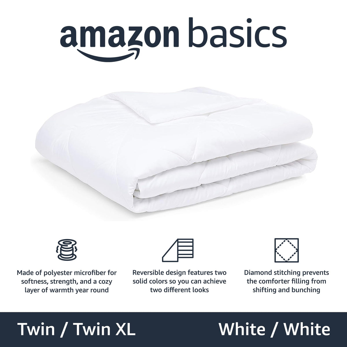 Amazon Basics comforter on bed highlighting reversible style