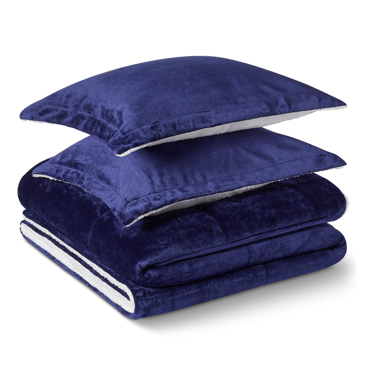 Amazon Basics reversible sherpa comforter navy front view shows plush micromink texture