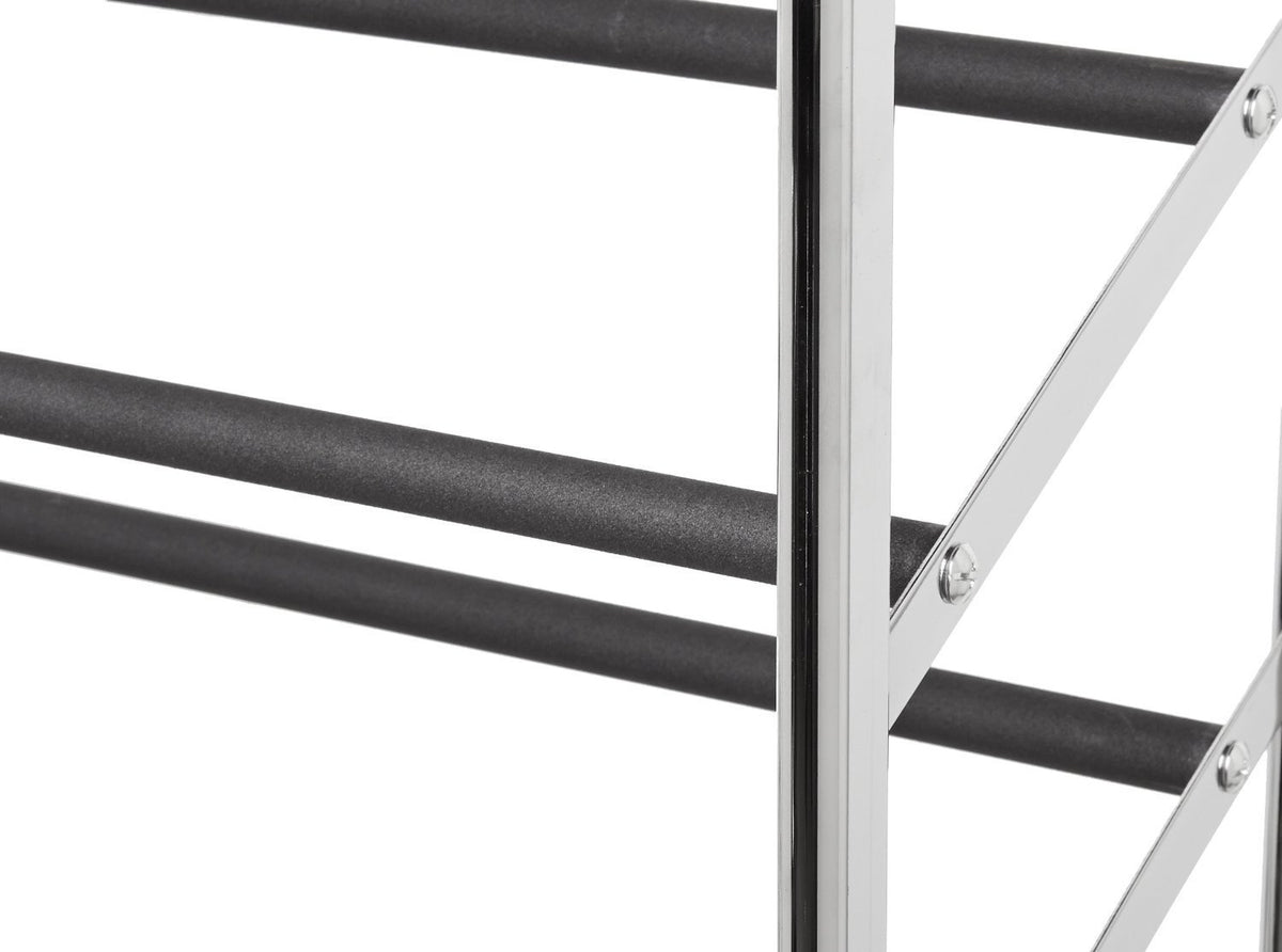 Amazon Basics rolling shoe rack with locking wheels for easy, secure moving.