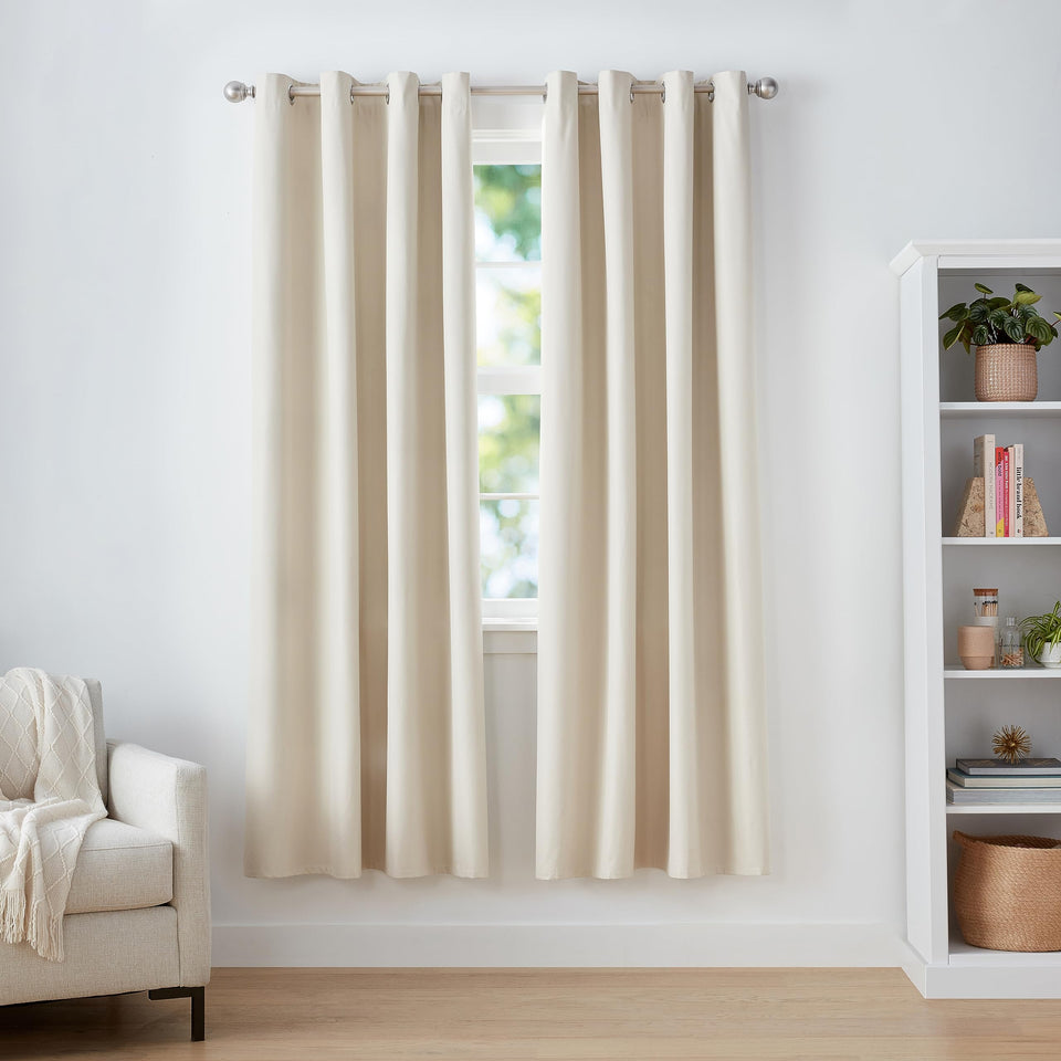Amazon Basics room darkening curtain with beige finish providing privacy and light control